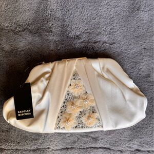 Badgley Mischka Off-White Satin and Floral Beaded Clutch NWT